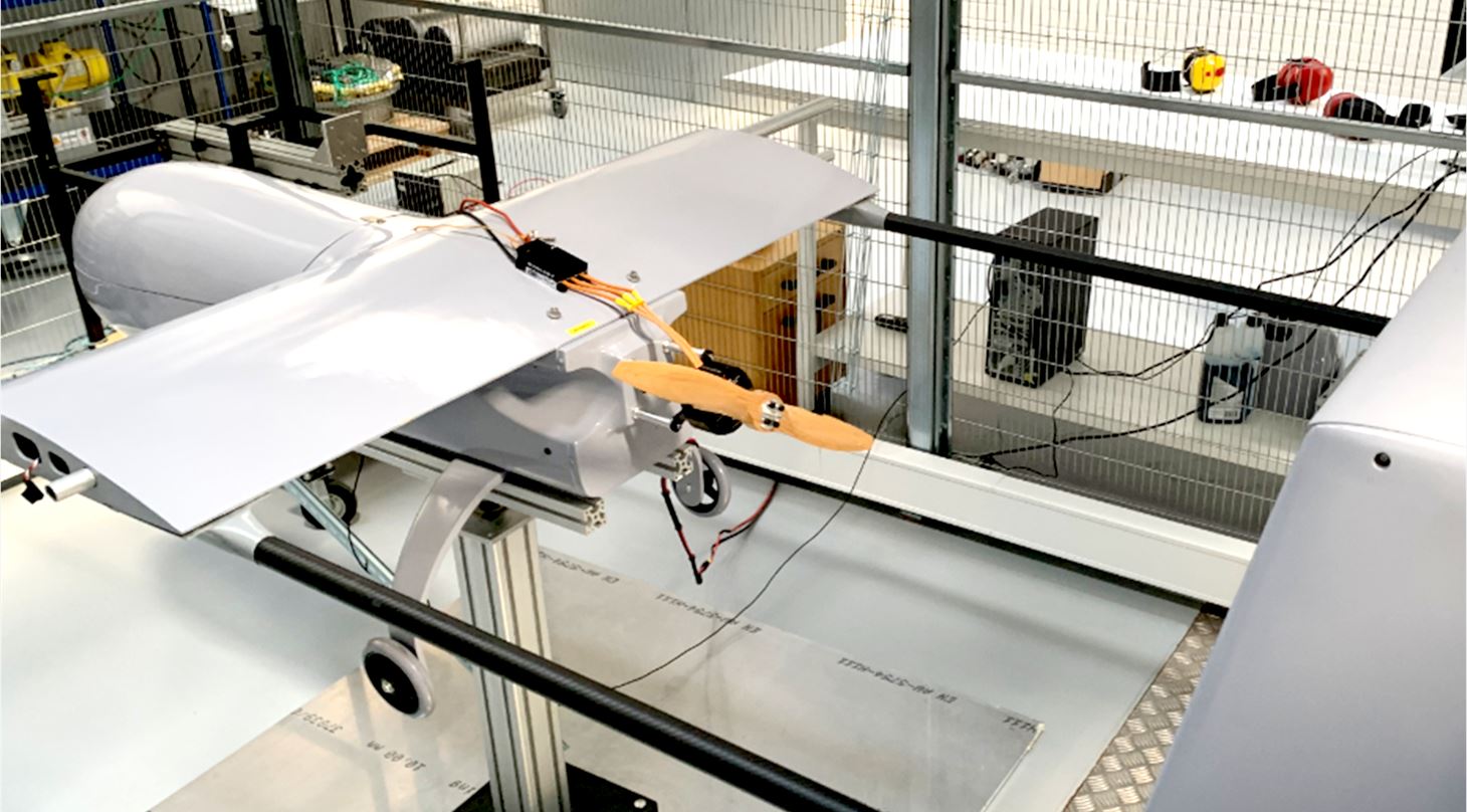 A fixed wing drone during a test in a static setup at Danish Technological Institute